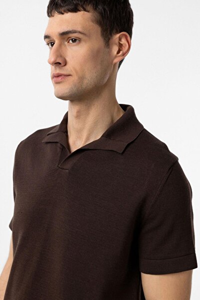 Antioch Μπλουζάκι πλεκτό καφέ 100% βαμβακερό απασικό γιακά