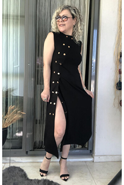 Dila Butik Çıtçıt Detaylı Yırtmaçlı Maksi Elbise
