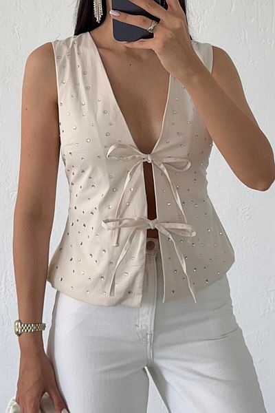 Suzi Stoned, Tie, Beige Color Vest 35022