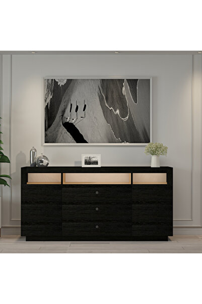 İNARCH DİZAYN K003 Asil Led Işıklı, Dolaplı ve Çekmeceli Konsol Ahşap Siyah