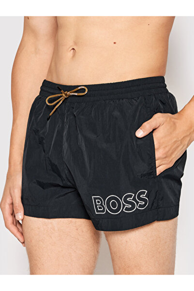 BOSS Erkek Boss Yazı Desen Bel Bağlamalı Kısa Boy Siyah Mayo 50469280-005