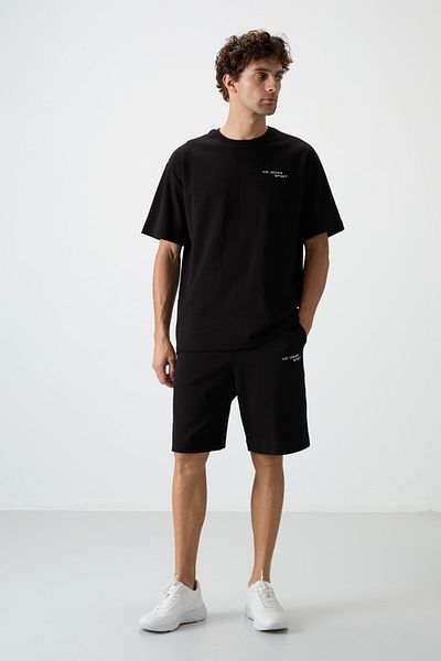 ACTIVE MODA - Men's Black Printed Short Sleeve Tshirt-Shorts Set 2 Pieces Cotton Large Size Oversized
