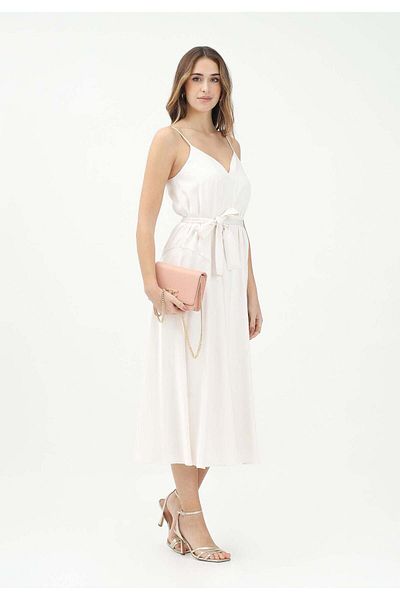 Armani Exchange Women's Strap V-Neck Detachable Waist Belt Back Revealing Midi White Dress
