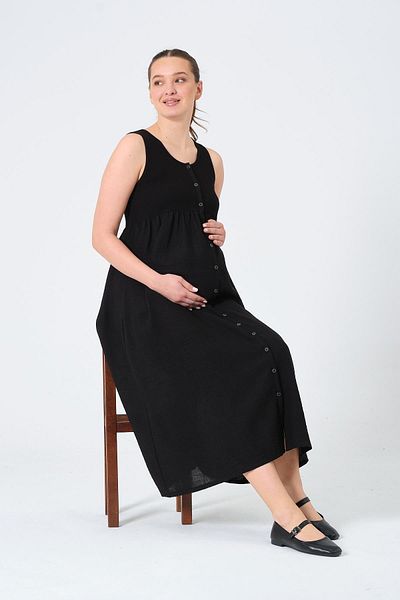 BUSA Maternity Zero Sleeve Side Pocket Midi Length Linen Dress Black