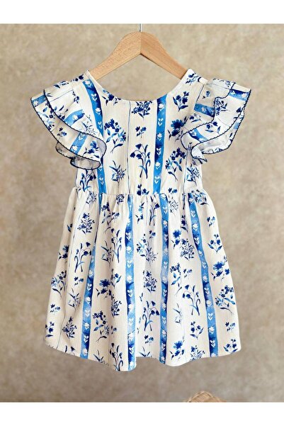 Rainbow Kız çocuk mavi çiçek detaylı elbise