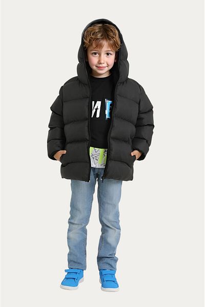 Montland Boy's Black Fleece Hooded Waterproof Windproof Puffed Winter Coat with Pockets