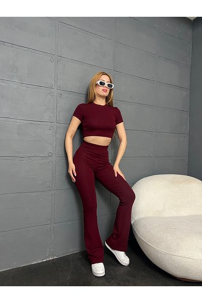 LE CARAMBOLE Set de două piese pentru femei, bluză și pantaloni cu decolteu roșu Claret