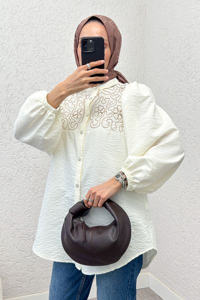 Salih Çelebi Punto Κεντητό Πουκάμισο Hijab 2241 - ΚΡΕΜ
