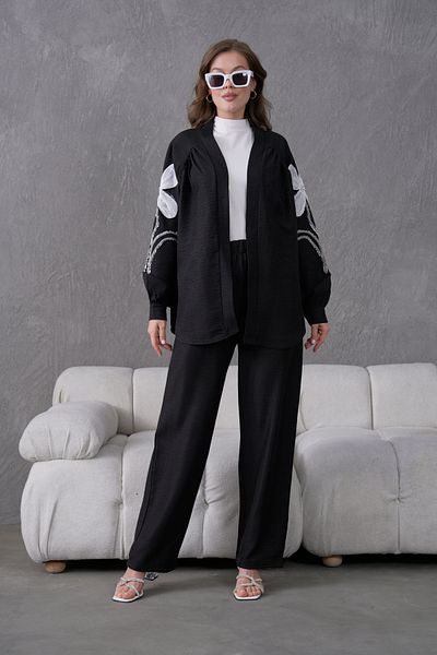 Miss Allos Women's Back and Sleeves Embroidered Floral Accessories Linen Kimono Jacket and Pants Bottom Top Set