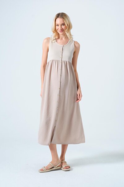 BUSA Hamile Sıfır Kol Yandan Cepli Midi Boy Keten Elbise BEJ