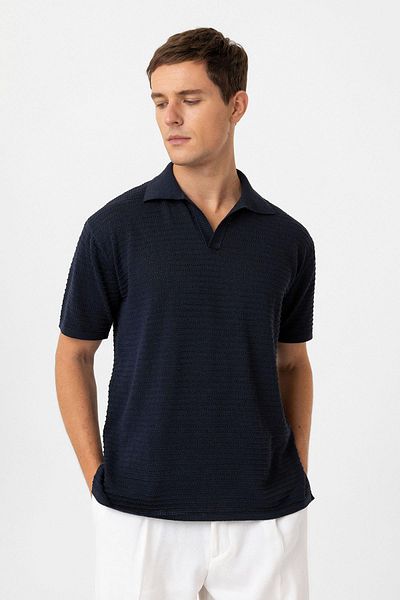 Antioch Navy Blue Polo Neck Textured Men's Knitwear T-Shirt