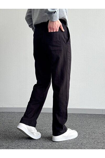He Brand Erkek Siyah Beli Lastikli Keten Baggy Pantolon Rahat Kalıp Baggy