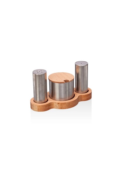 BizHome AHŞAPLI METAL ÜÇLÜ TUZLUK BAHARATLIK