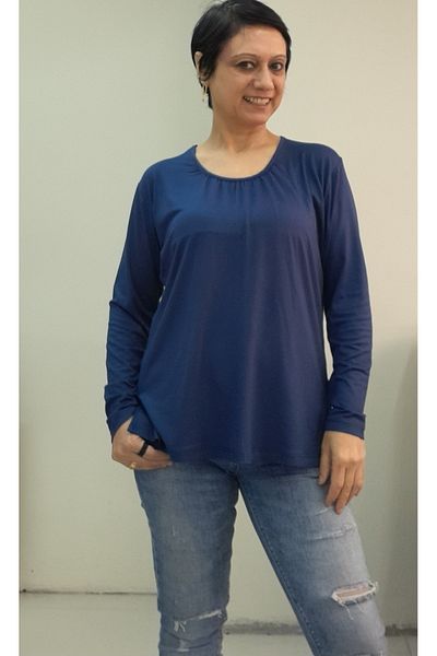 Mertcan Butik Navy Blue Combed Cotton Viscose T-Shirt with Drawstring Collar