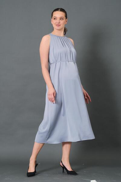 BUSA Maternity Waist Lace-Up Zero Sleeve Midi Length Satin Dress Gray