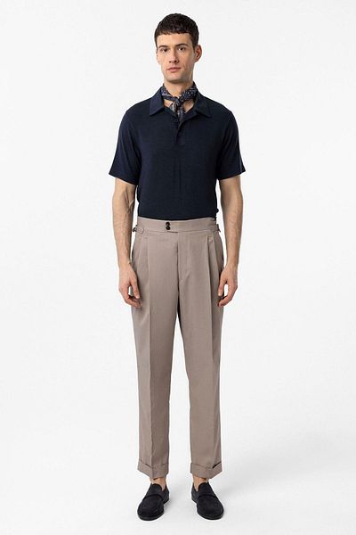 Antioch Beige High Waist Italian Mold Pleated Men's Trousers