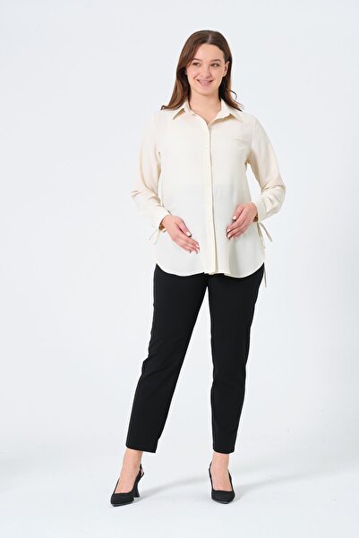 BUSA Hamile Yandan Bağcıklı Uzun Kollu Gömlek KREM