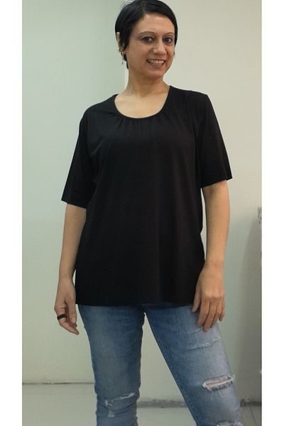 Mertcan Butik Gathered Front Round Neck Short Sleeve Black Combed Cotton T-Shirt