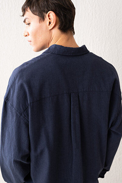 GIESTO Draped Linen Navy Blue Shirt
