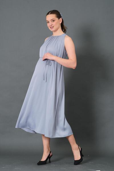 BUSA Maternity Waist Lace-Up Zero Sleeve Midi Length Satin Dress Gray