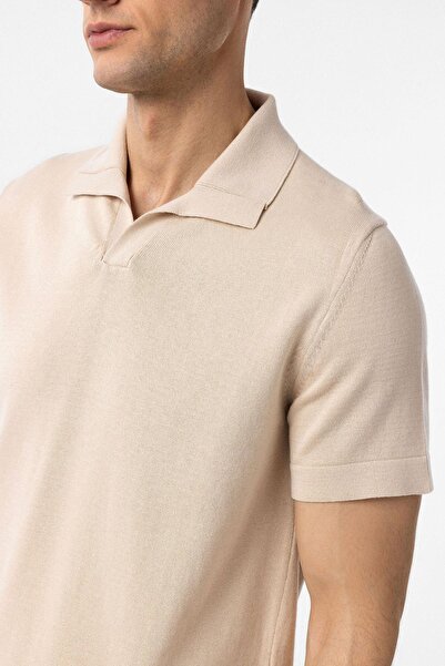 Antioch Stone 100% Cotton Apaş Collar Knitwear T-Shirt