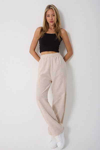 Montland Women's Beige High Waist Elastic Double Pocket Linen Trousers