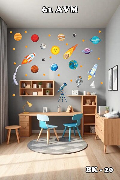 61 AVM Çocuklar İçin Uzay Macerası Duvar Sticker Seti | Astronot, Roket, Geze...