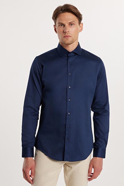 Tudors Slim Fit Uzun Kollu Koton Satenpremium Seri Erkek Lacivert Gömlek