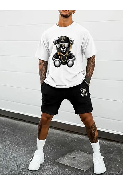 Minikelya Bear Patterned Men's Short Sleeve T-Shirt & Lace-Up Shorts Set of 2 with Sunglasses