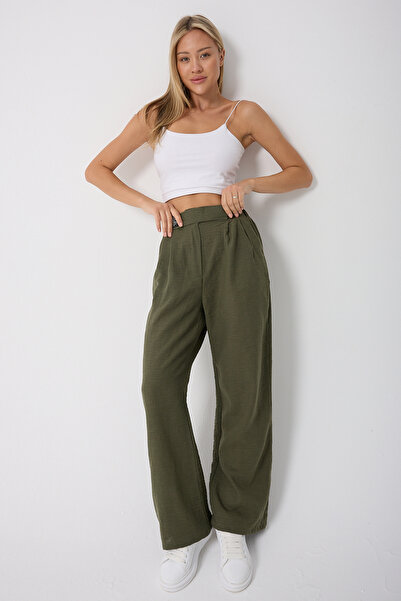 Montland Kadın Haki Yüksek Belli Cırtlı Palazzo Pantolon