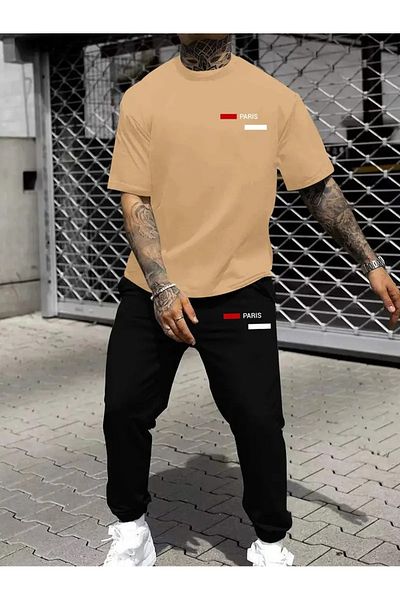 PAVRO Men's Black Line Hardcore Paris Printed Oversize Tracksuit Set
