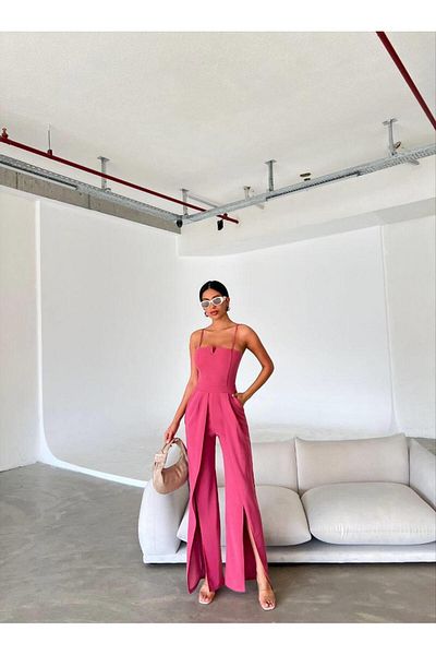 Modafeminen Κρεπ υφασμάτινη φόρμα με λαιμόκοψη και λεπτομέρεια σχισμής 582232 φούξια