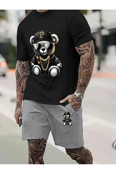 NEW TRENDY COLLECTİON Bear Patterned Men's Short Sleeve T-Shirt & Lace-Up Shorts Set of 2 with Sunglasses