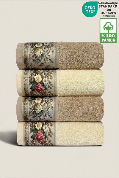 Ellaline Σετ πετσετών FIORE 4 τεμαχίων 100% βαμβακερό μοτίβο λουλουδιών Χέρι / Πρόσωπο / Κουζίνα 50x90cm