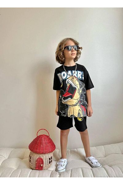 YİGİT BUTİK Yigit Butik Dinosaur Printed Shorts Boys' Bottoms and Tops Set