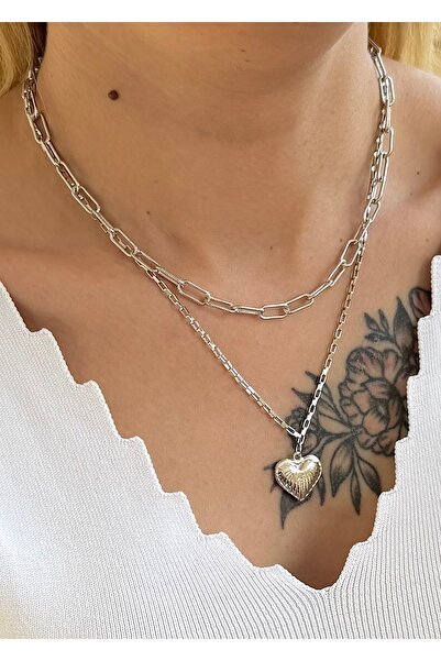 takıtarzım مجموعة من قطعتين من قلادة سلسلة فضية على شكل قلب
