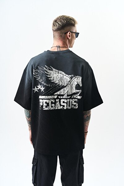Respire Erkek Pegasus Baskılı Oversize T-Shirt Siyah