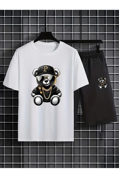 Minikelya Bear Patterned Men's Short Sleeve T-Shirt & Lace-Up Shorts Set of 2 with Sunglasses