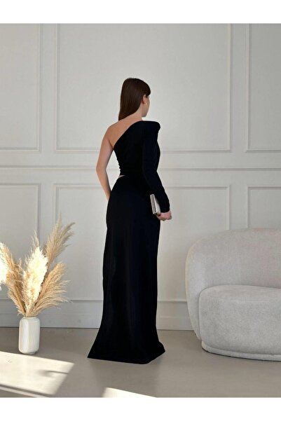 Modafeminen Tek Omuz Yırtmaçlı ve Bel Dekolteli Uzun Abiye Elbise 582794 Siyah