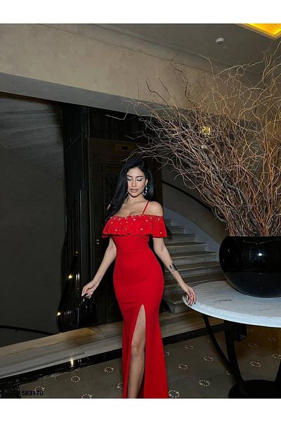 Modafeminen Strappy Stone Slit Long Evening Dress Red 583170