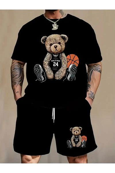 Minikelya Plus Size Men's Bear Graphic Printed T-Shirt & Shorts