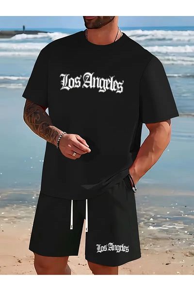 Minikelya Los Angeles Pattern Printed Short Sleeve Round Neck T-Shirt & Jogger Shorts Set