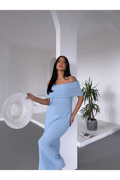 Cistern İstanbul Rochie lungă de tricotaj cu textura cu guler Madonna albastru pentru femei
