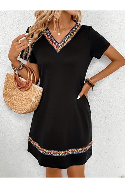 Modayakamoz New Season Women's Ethnic Pattern Stripe Detailed V-Neck Viscose Dress
