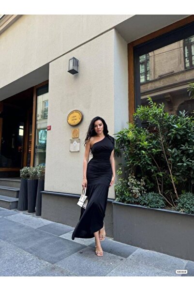 Modafeminen Sandy Kumaş Tek Omuz Detaylı Uzun Elbise 583010 Siyah