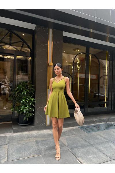 Modafeminen Φόρεμα με λεπτομέρεια στο στήθος Flared Crepe 58806 Pistachio Green