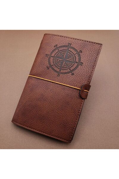 Skygo دفتر ملاحظات من الجلد البني بتصميم بوصلة