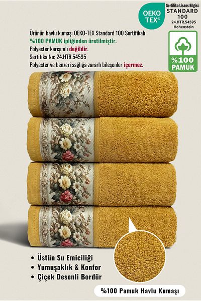 Ellaline Set of 4 Fiore Towels 100% Cotton Floral Pattern Hand / Face / Kitchen 50X90Cm