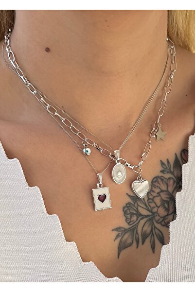 takıtarzım Üçlü set sedef kalp figürlü silver kolye