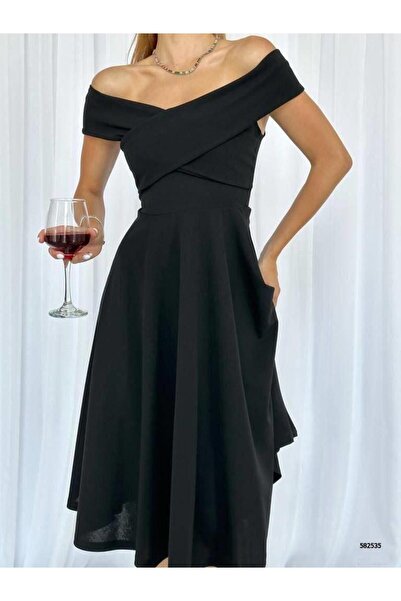 Modafeminen Düşük Omuz Midi Abiye Elbise 582535 Siyah